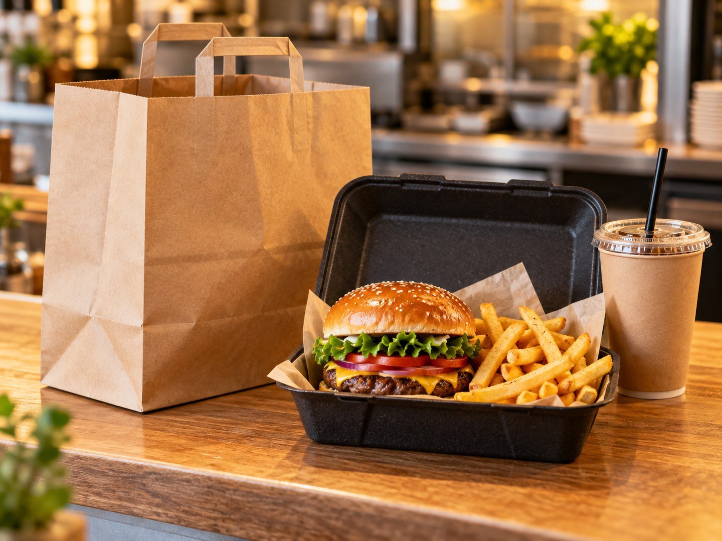 Commande de burger et frites emballée à emporter