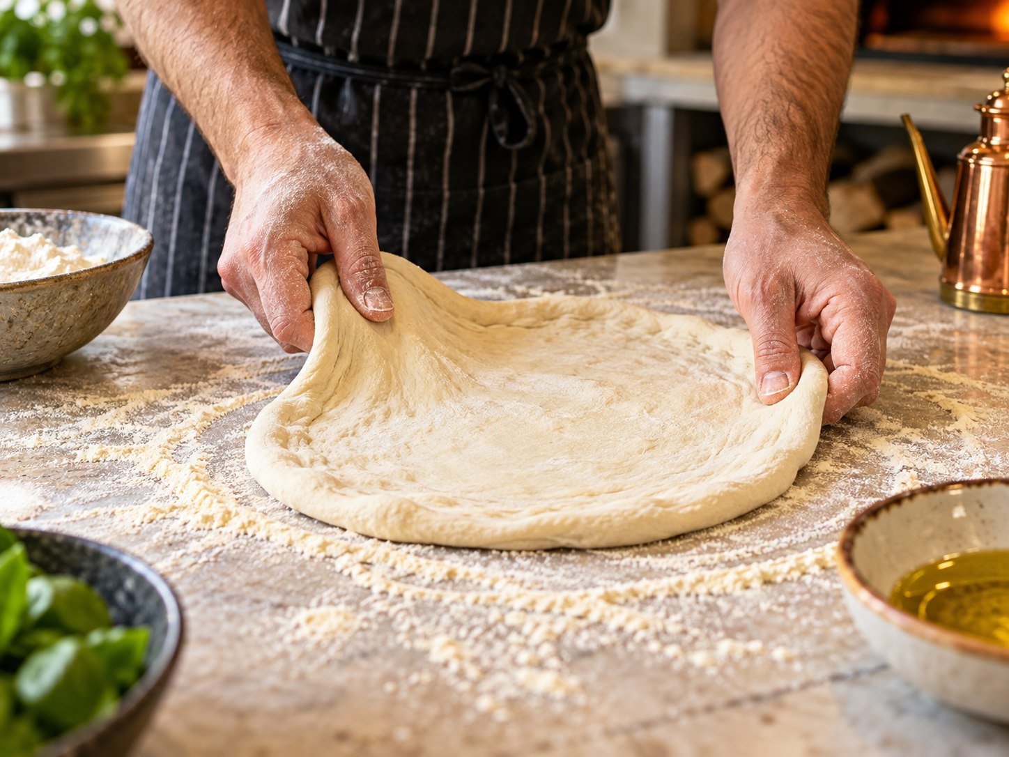 Pâte à pizza fraîche étirée à la main