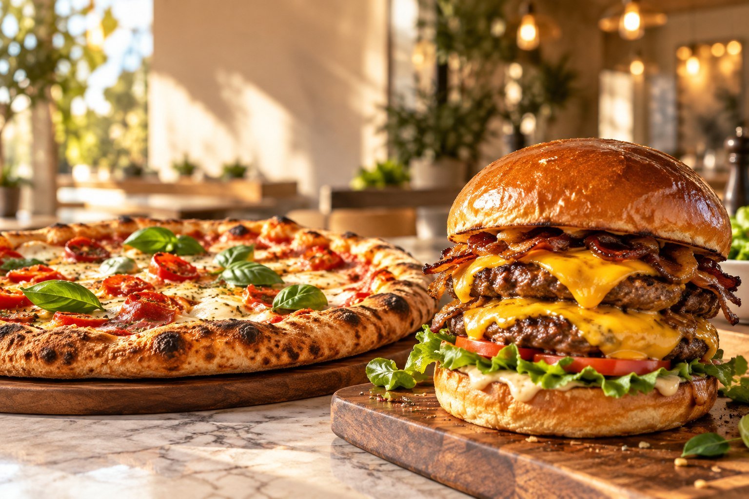 Pizza fraîche et smash burger généreux